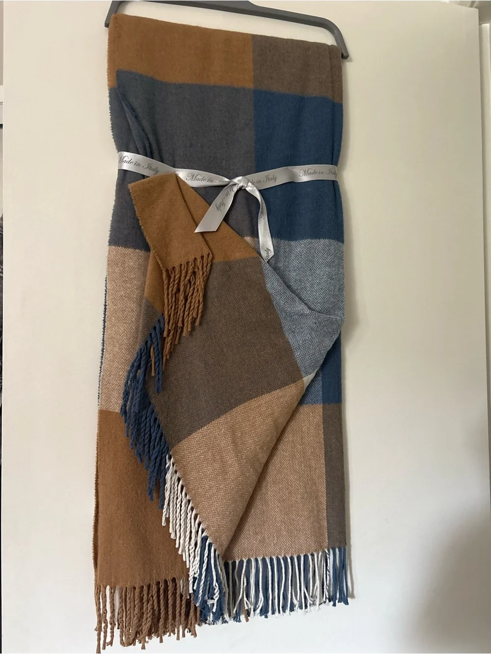 Made in Italy Camel and Blue Cashmere like Throw Blanket by La Limonaia Tessuti